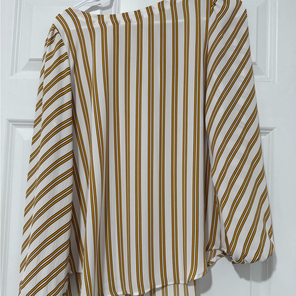 LOFT White and Mustard Striped Boatneck Blouse